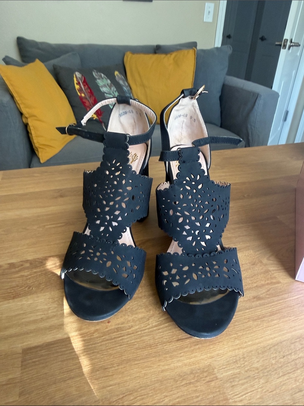 Black Laser-Cut Block Heel Sandals - Women